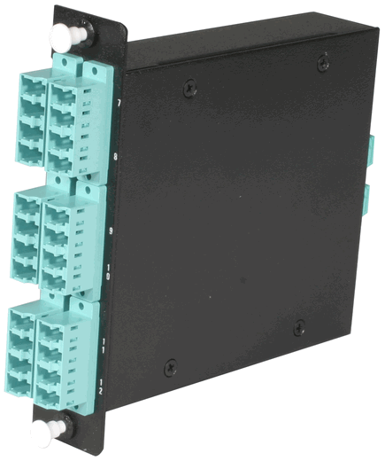 MTP Cassette, 6 Quad LC to 2 Male MTP, 10 Gig 50/125 Aqua (24-Fiber)